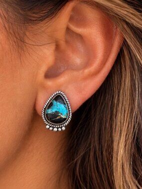 Black Jack Turquoise Sterling Silver Stud Earrings | Southwestern Style